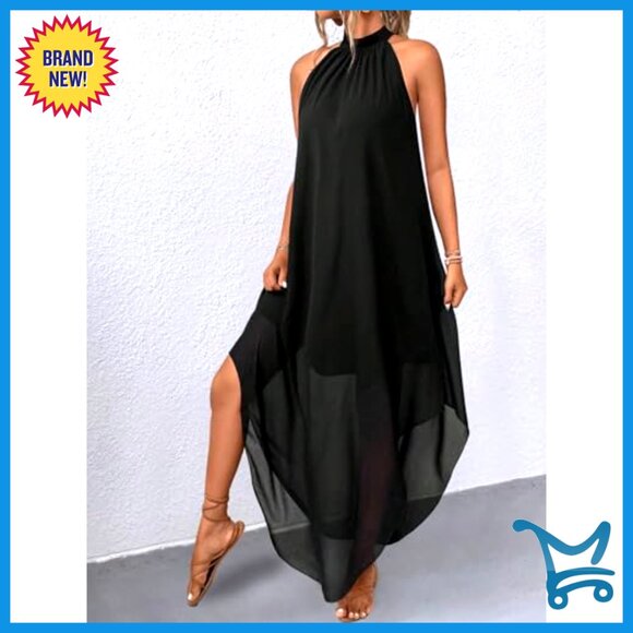 Halter Formal Wedding Guest Dress Flowy Sleeveless Asymmetrical Long Elegant - Picture 3 of 7